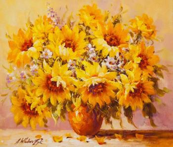 Bouquet with sunflowers in a round vase. Vlodarchik Andjei