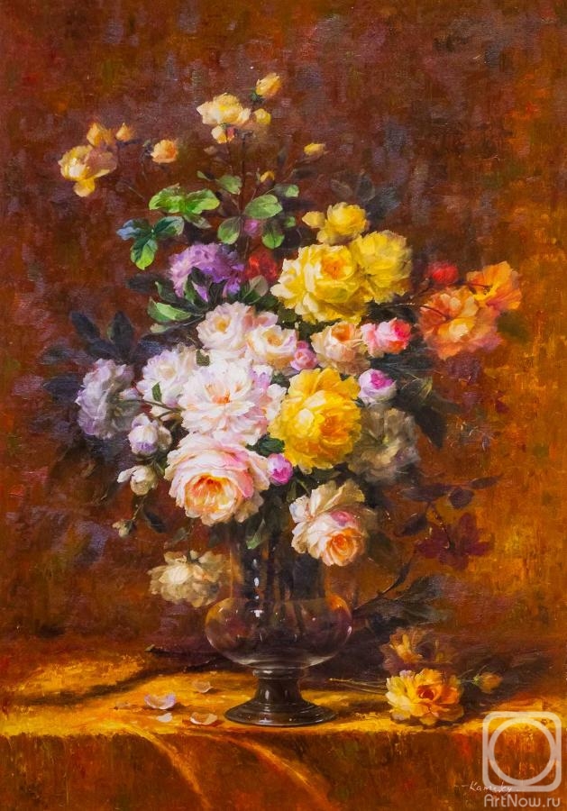 Kamskij Savelij. Bouquet of roses in a glass vase