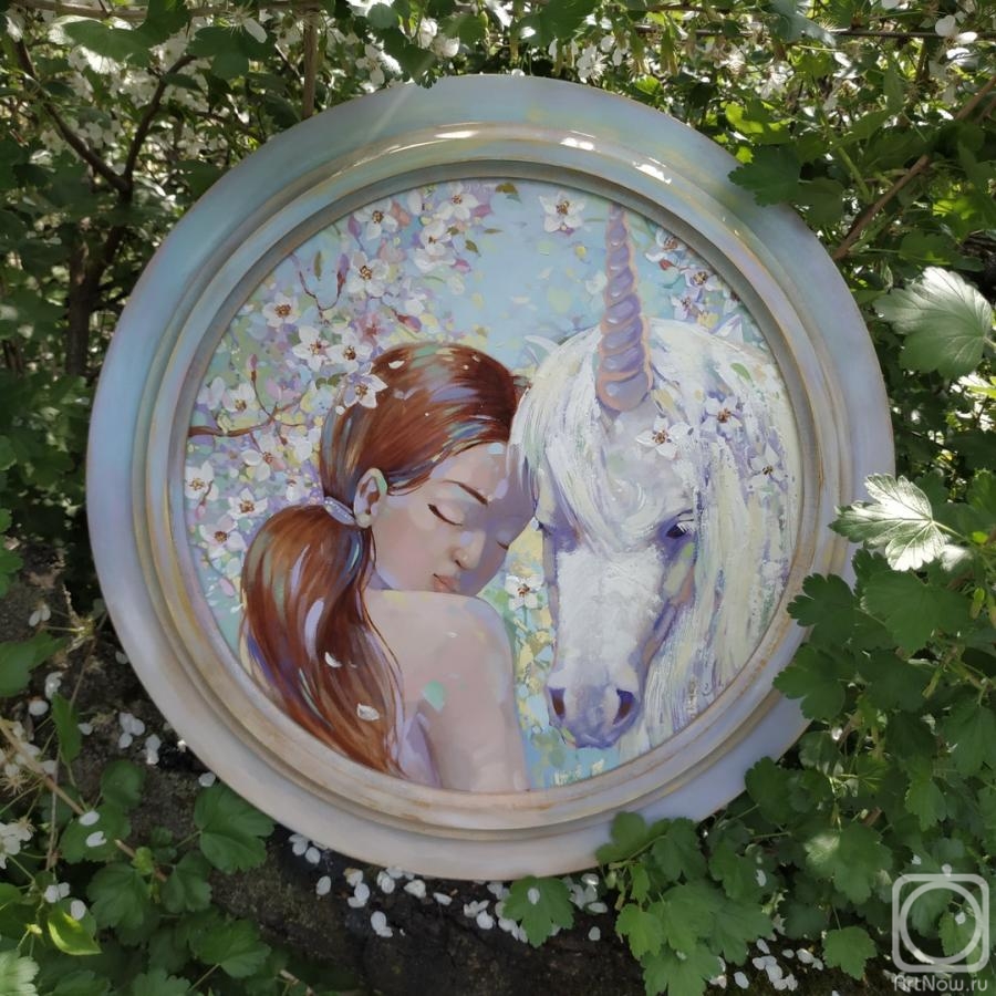 Simakova Maria. Girl, unicorn and blooming almonds