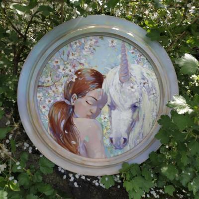 Girl, unicorn and blooming almonds. Simakova Maria