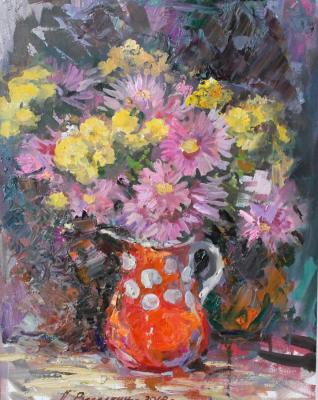 Flowers in an orange jug. Veselkin Pavel