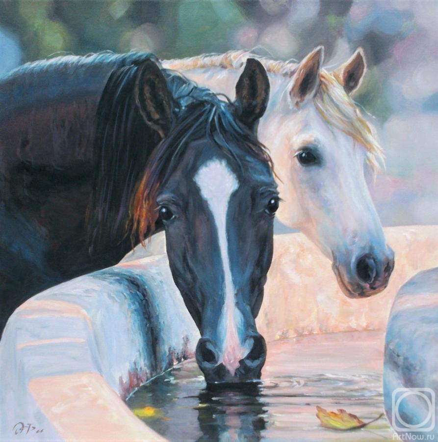 Лошадки маслом. Кони на водопое картина Феофана Вакулюка. Лошадь маслом на холсте. Кони живопись маслом. Пара лошадей.