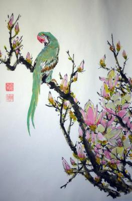 Green parrot and magnolia