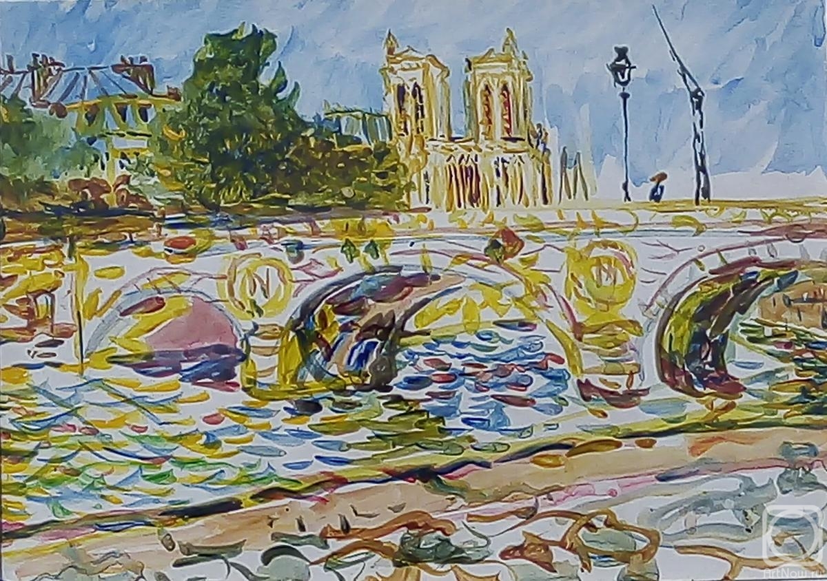 Sechko Xenia. Paris bridge over the Seine, the Cathedral of Notre Dame