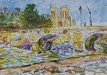 Paris bridge over the Seine, the Cathedral of Notre Dame. Sechko Xenia