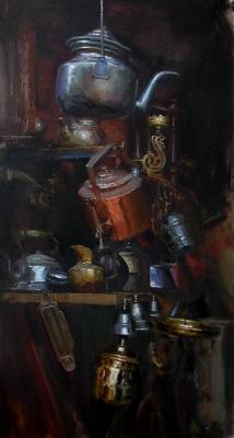 Still life with metal ware exhibited for sale