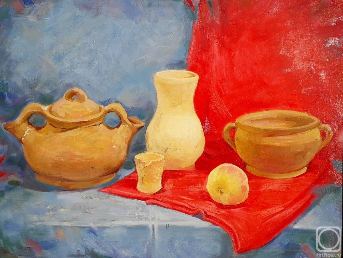 Fedoseev Konstantin. Still life with ceramics and red cloth