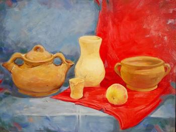 Still life with ceramics and red cloth. Fedoseev Konstantin
