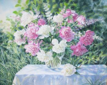 Peonies and lupins in the morning. Golubkin Sergey