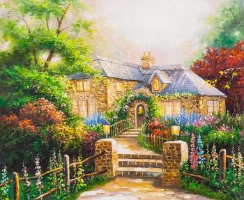 A copy of Thomas Kinkade's painting. The House in the Mallows