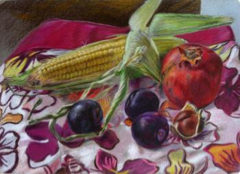 Still life with corn, plums, chestnut and pomegranate