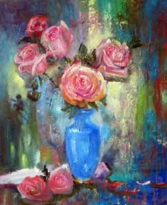 Bouquet of roses in a blue vase. Kropacheva Elena