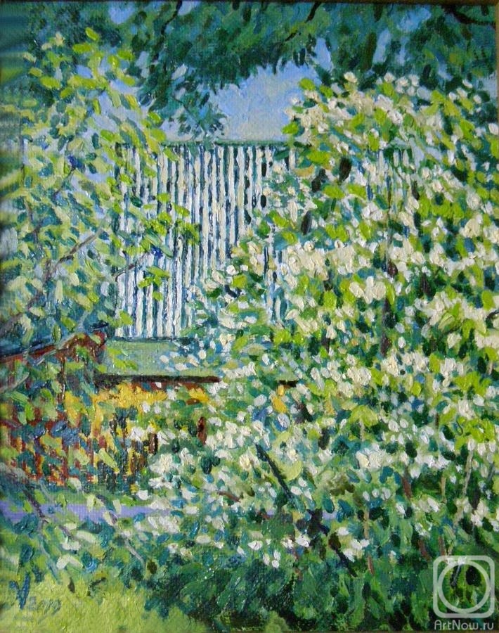 Homyakov Aleksey. Jasmine blooms. View of the house with a green roof