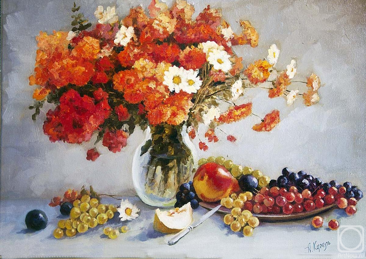 Натюрморт с цветами и фруктами» картина Кугеого Александра маслом на холсте  — заказать на ArtNow.ru