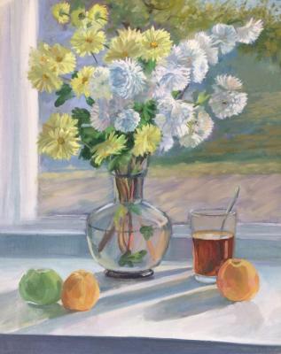 Still life with white chrysanthemums