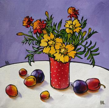 Still life with marigolds and plums