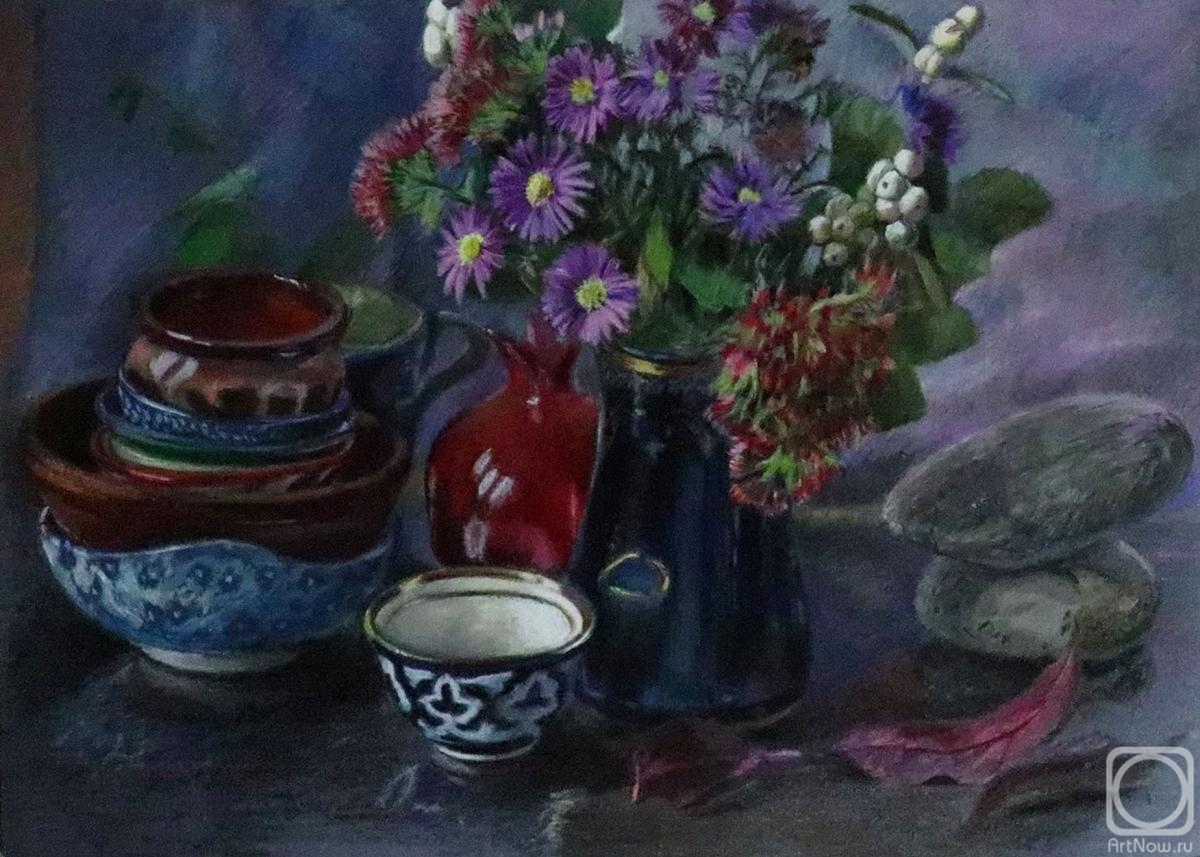 Khasanova Sofia. Stones, flowers, Oriental bowl, pomegranates and cups
