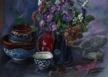 Stones, flowers, Oriental bowl, pomegranates and cups. Khasanova Sofia