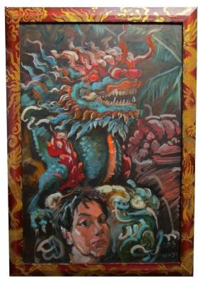 Self-portrait with a Vietnamese dragon i a frame