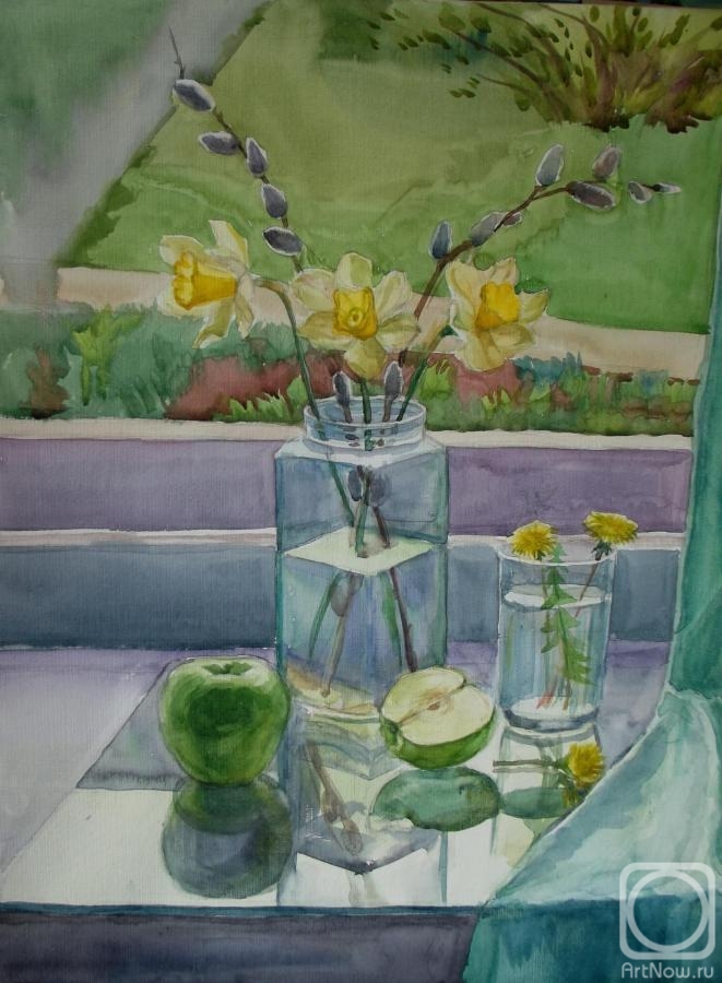 Tsebenko Natalia. still life with willow and daffodils