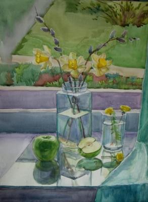 still life with willow and daffodils. Tsebenko Natalia