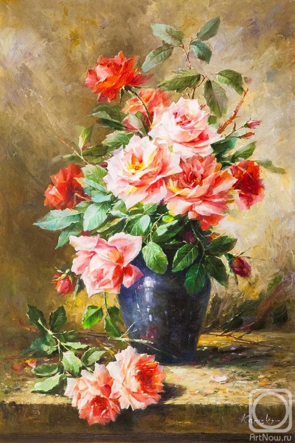 Kamskij Savelij. A bouquet of roses in a blue vase