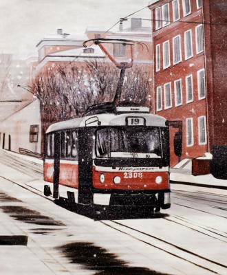 Winter landscape with a tram. series Moscow trams (Painting With A Tram). Romm Alexandr