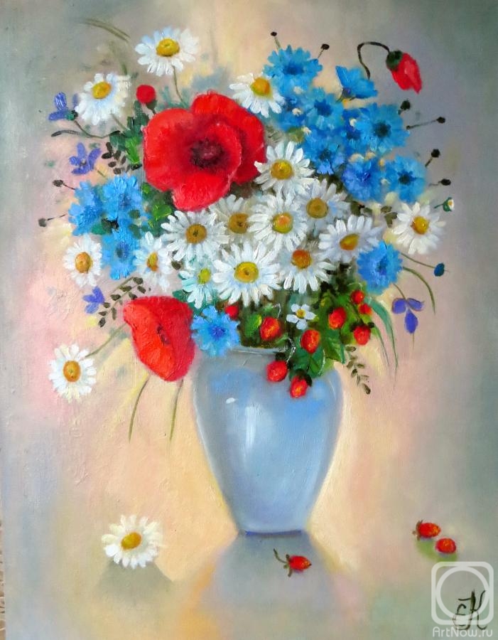 Kropacheva Elena. Still life with bouquet of wild flowers and wild strawberries