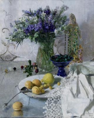 Still life with flowers and fruits. Dolgaya Olga