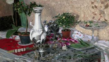 Still life with flowers and white vase. Dolgaya Olga