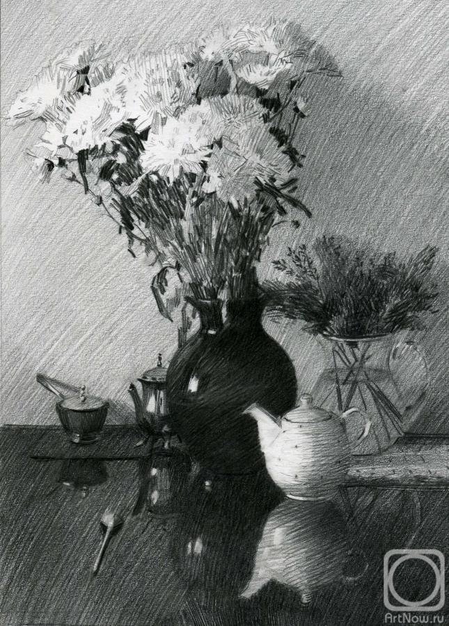 Dolgaya Olga. Still life with white chrysanthemums