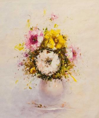 Multi-colored bouquet in a white vase. Gomes Liya