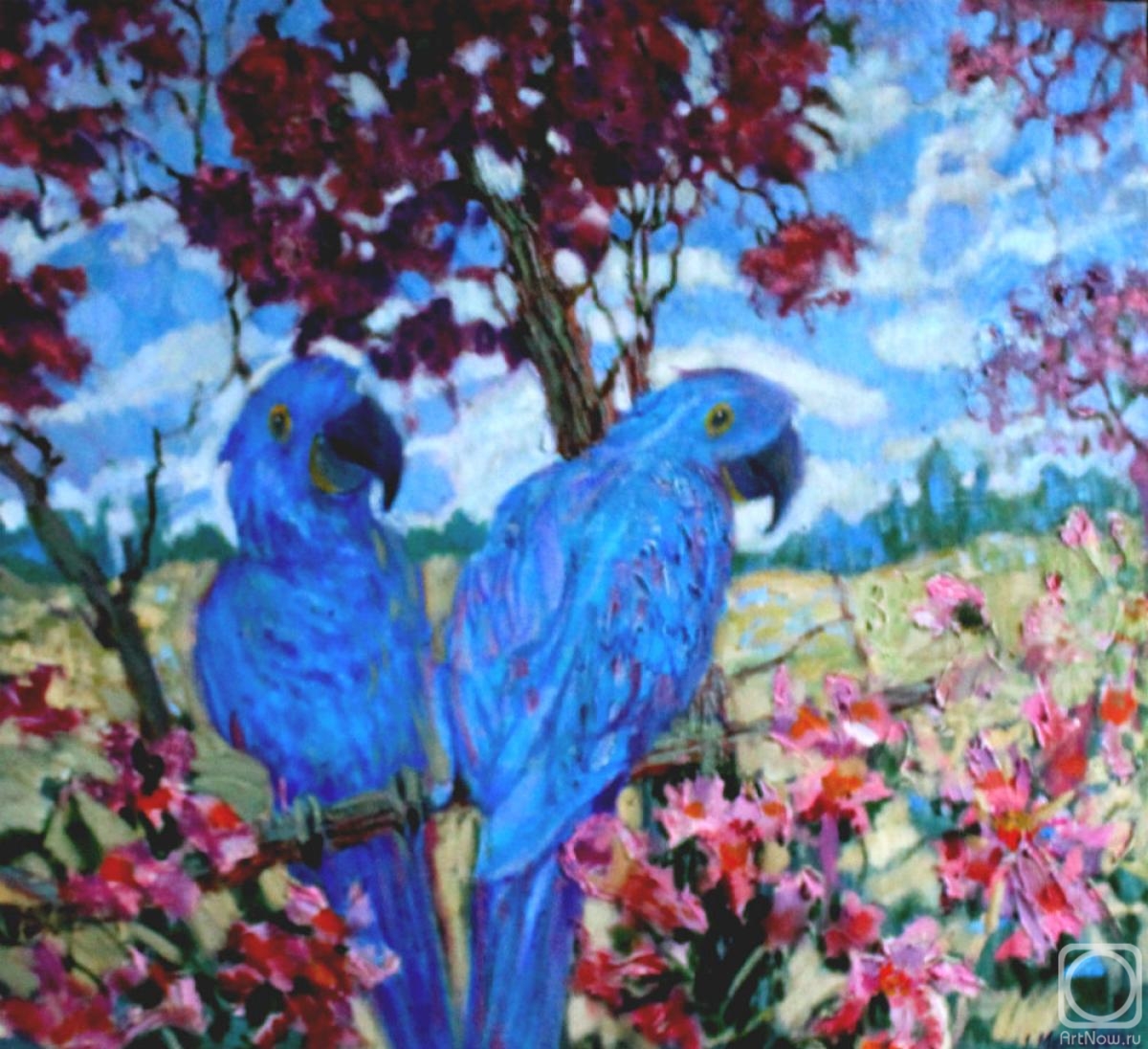 Moskaleva Irina. Blue macaw and tabebuya