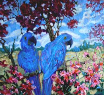 Blue macaw and tabebuya