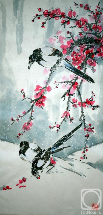 Mishukov Nikolay. Magpies and wild plum in the snow