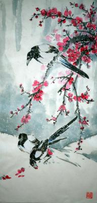 Magpies and wild plum in the snow