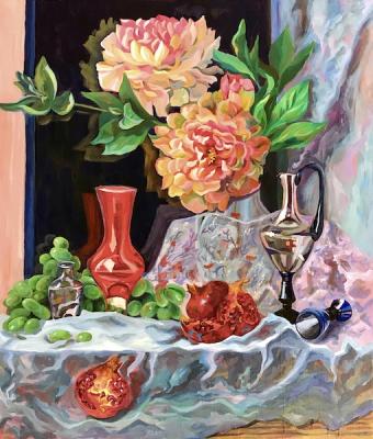 Still life with pomegranate and peonies