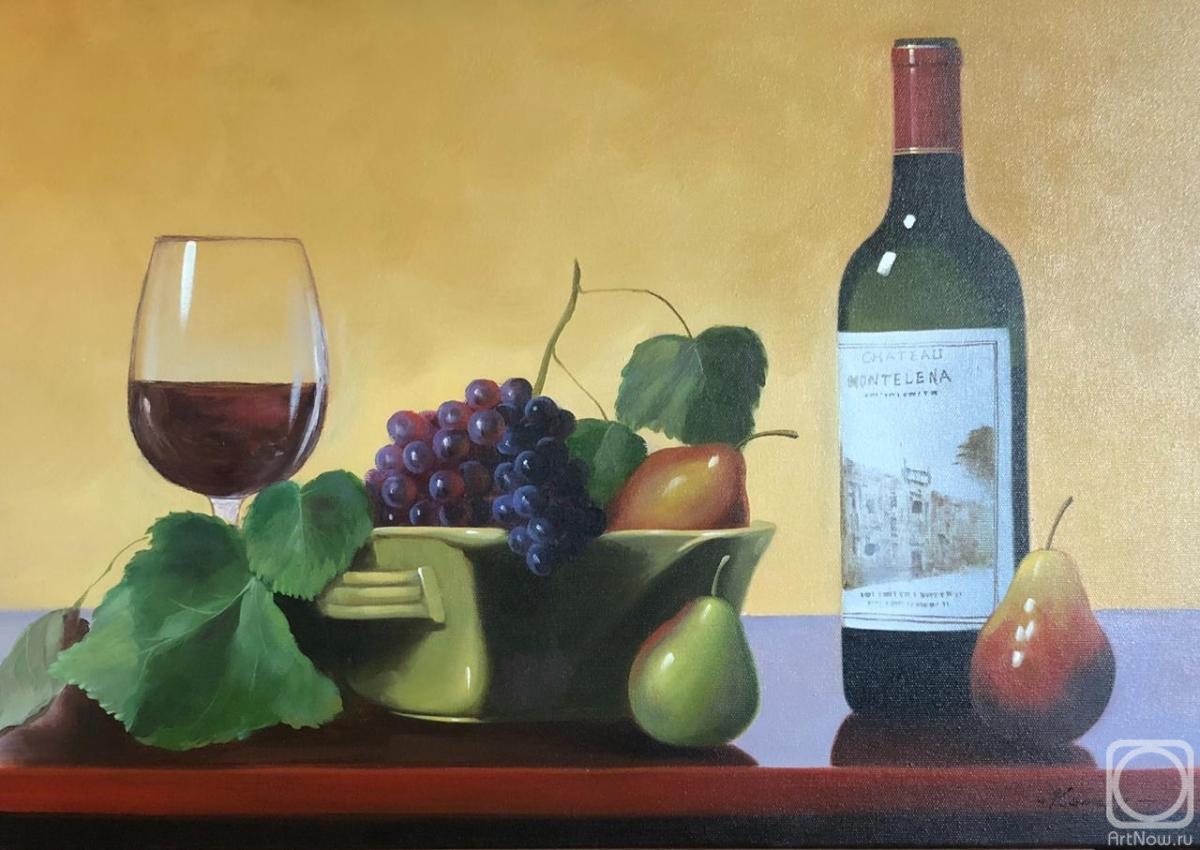 Kamskij Savelij. Still life with oil" Fruit and Californian wine Chateau Montelena