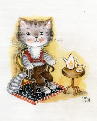 A cat drinking coffee (Sitting Cat). Beketova Olga