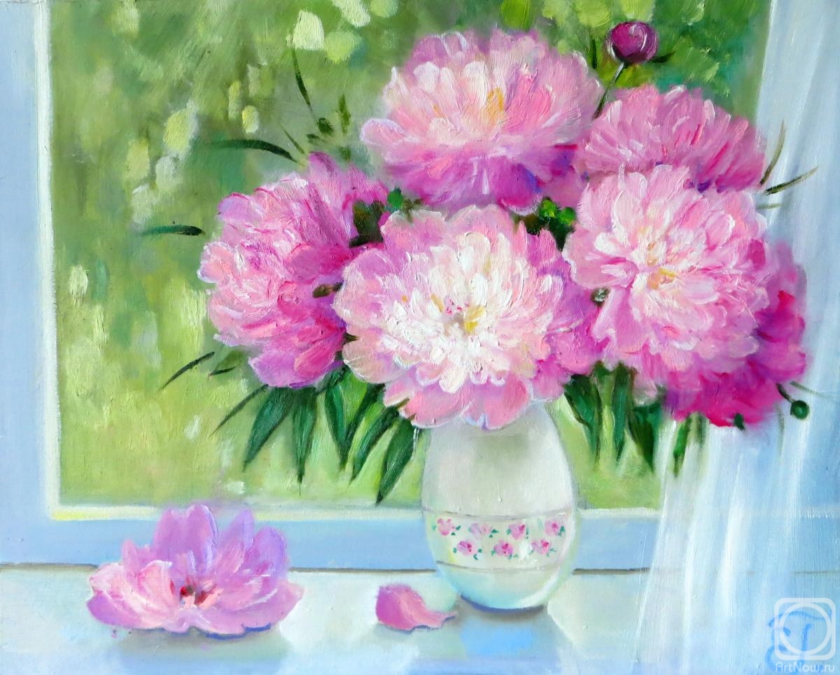 Kropacheva Elena. Bouquet of pink peonies on the window