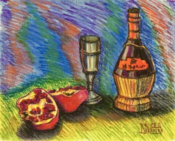 Stillife with pomegranate and red wine. Lukaneva Larissa