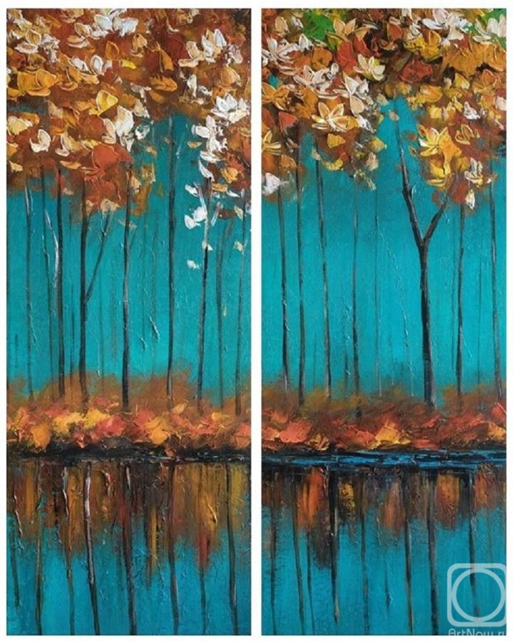 Dupree Brian. Autumn trees on a turquoise background. Diptych