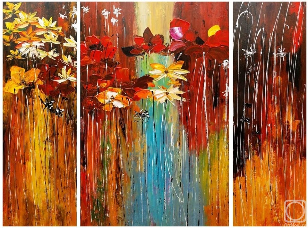 Dupree Brian. Abstraction with red and yellow flowers. Triptych