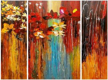 Abstraction with red and yellow flowers. Triptych