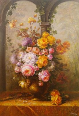 Luxurious bouquet of roses on the background of columns. Kamskij Savelij