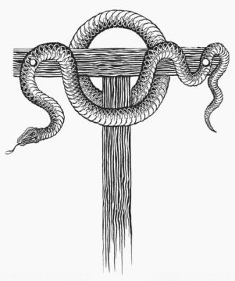 Serpent crucified on a T-shaped cross