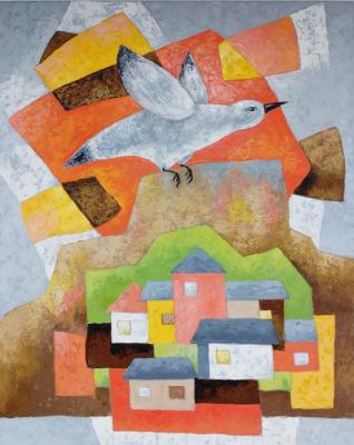 White bird flying over the city at sunrise