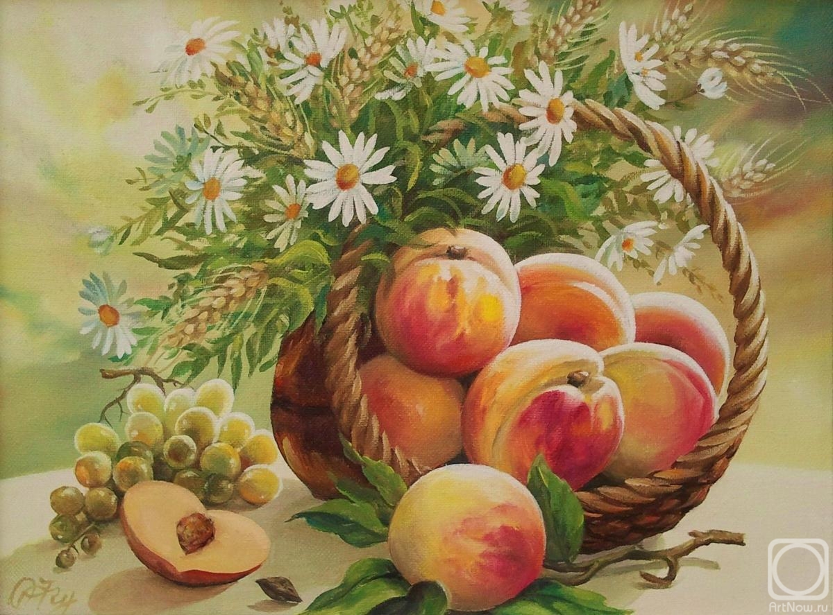2 11 всех фруктов составляют персики. Натюрморт с персиком. Натюрморт с цветами и фруктами живопись.