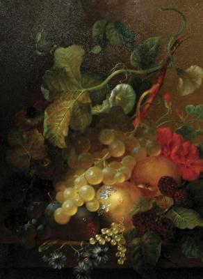 Still life with peaches, grapes and raspberries