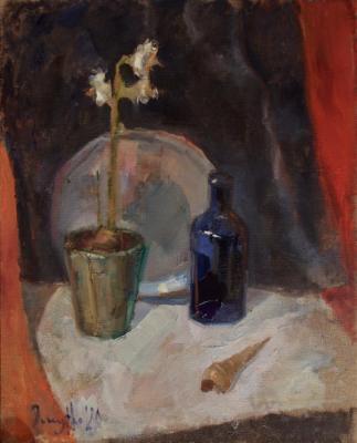 Still life with shell, flower and the blue bottle. Zhmurko Anton